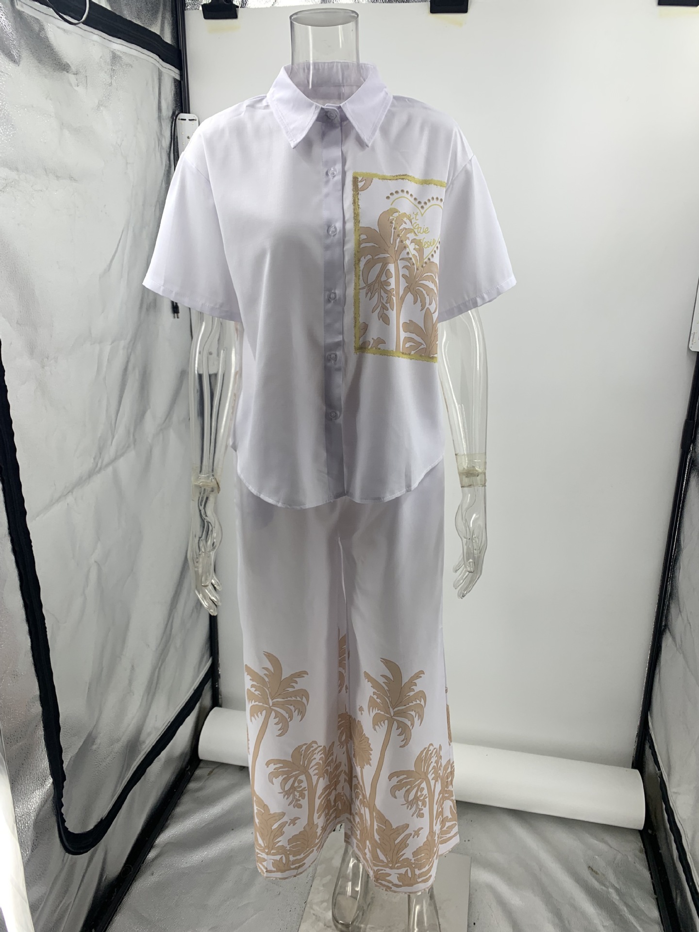 Summer Women's Casual Linen Short Sleeve Turndown Collar Shirt and Pants Set