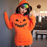 Women's Halloween Pumpkin Print Long Sleeve Drawstring Hooded Dress