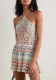 Summer Women's Sexy Print Multi-Color Wave Low Back Halter Neck Slit Jumpsuit