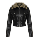 Women American-Style Fur Collar Patchwork Zippered Brown Pu-Leather Pocket Jacket