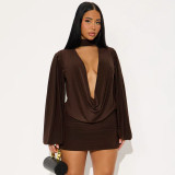 Women Fall Solid Casual V-Neck Long-Sleeved Top and Mini Skirt Two-Piece Set