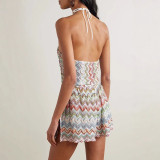 Summer Women's Sexy Print Multi-Color Wave Low Back Halter Neck Slit Jumpsuit