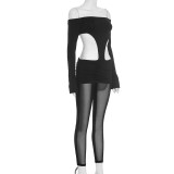 Women Fall Sexy Off-Shoulder Backless Long-Sleeved Mesh Patchwork Jumpsuit