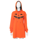 Women's Halloween Pumpkin Print Long Sleeve Drawstring Hooded Dress