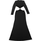 Autumn Women's Fashion Sexy Open Waist V-Neck Long Sleeve Bodycon Dress