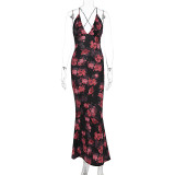 Summer Women's Fashion Floral Low-Cut Tight Fitting Slim Waist Strap Dress