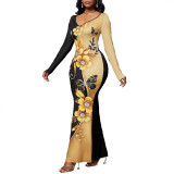Women's Printed Long Sleeve V-Neck Sexy Slim Fit Gown