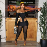 Women Fall Sexy Off-Shoulder Backless Long-Sleeved Mesh Patchwork Jumpsuit