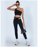 Women's One-Shoulder Tank Top High-Waisted Quick-Dry Long Pants Yoga Set