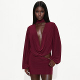 Women Fall Solid Casual V-Neck Long-Sleeved Top and Mini Skirt Two-Piece Set