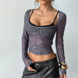 Autumn Women's Leopard Print Fake Two-Piece Long Sleeve Slim Fit Top