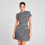 Women's Chic Slim Fit Round Neck Beaded Plaid Mini Dress