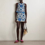 Summer Women's Slim Fit Blue Print Round Neck Top and Short Skirt Set