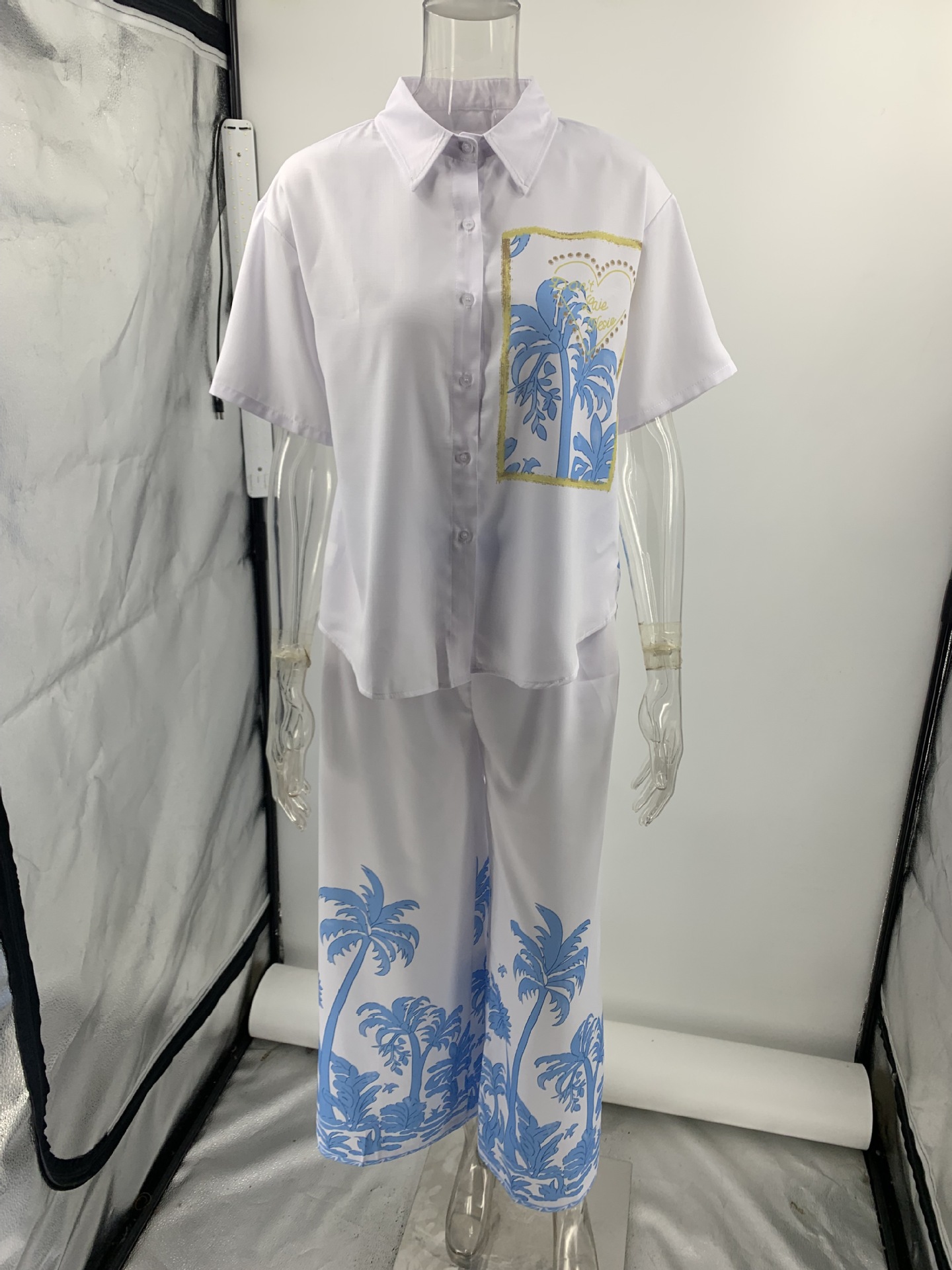 Summer Women's Casual Linen Short Sleeve Turndown Collar Shirt and Pants Set