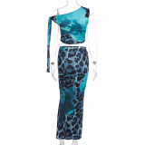 Summer Women's Chic Printed Slash Shoulder Lace-Up Slim Low-Waist Long Skirt Set