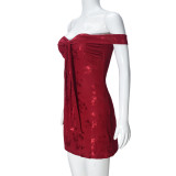 Summer Women's Low Back Lace-Up Mesh Jacquard Off Shoulder Bodycon Dress