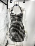 Women's Black and White Plaid Tweed Halter Neck Slim Waist Party Short Dress