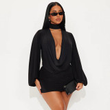 Women Fall Solid Casual V-Neck Long-Sleeved Top and Mini Skirt Two-Piece Set