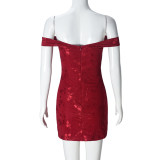 Summer Women's Low Back Lace-Up Mesh Jacquard Off Shoulder Bodycon Dress