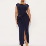 Summer Women's Fashion Chic Solid Round Neck Slim Fit Slit Dress