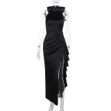 Women's Lace-up High Neck Slit Ruffle Formal Party Dress