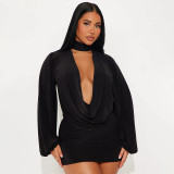 Women Fall Solid Casual V-Neck Long-Sleeved Top and Mini Skirt Two-Piece Set