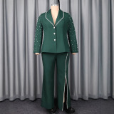 Women's Sexy V-Neck Beaded Long Sleeve Blazer Slit Straight-Leg Pants Set