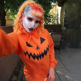 Women's Halloween Pumpkin Print Long Sleeve Drawstring Hooded Dress