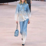 Autumn Women's Fashion Premium Gradient Denim Single-Breasted Shirt and High-Waisted Bell Bottom Pants Set