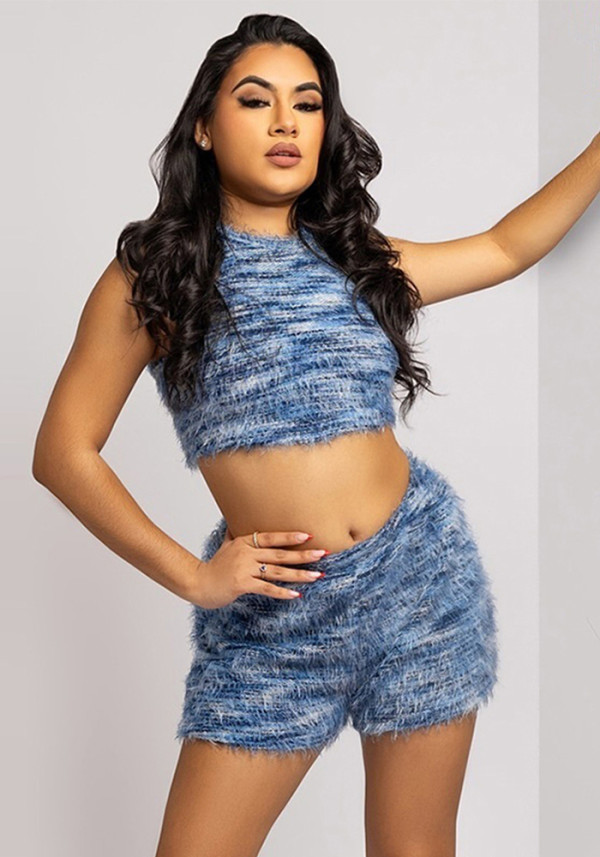 Summer Women's Slim Fit Low Back Crop Top Knitted Shorts Set