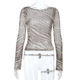 Autumn Women's Zebra Print Long Sleeve See-Through Leopard Print Shirt