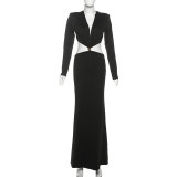 Autumn Women's Fashion Sexy Open Waist V-Neck Long Sleeve Bodycon Dress