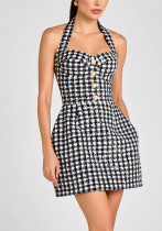 Women's Black and White Plaid Tweed Halter Neck Slim Waist Party Short Dress Women's Black and White Plaid Tweed Halter Neck Slim Waist Party Short Dress