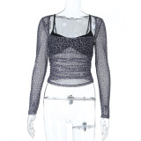 Autumn Women's Leopard Print Fake Two-Piece Long Sleeve Slim Fit Top