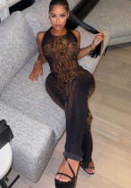 Autumn Women's Graffiti Print Sleeveless Halter Tank Top Tight Fitting Pants Set