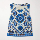 Summer Women's Slim Fit Blue Print Round Neck Top and Short Skirt Set