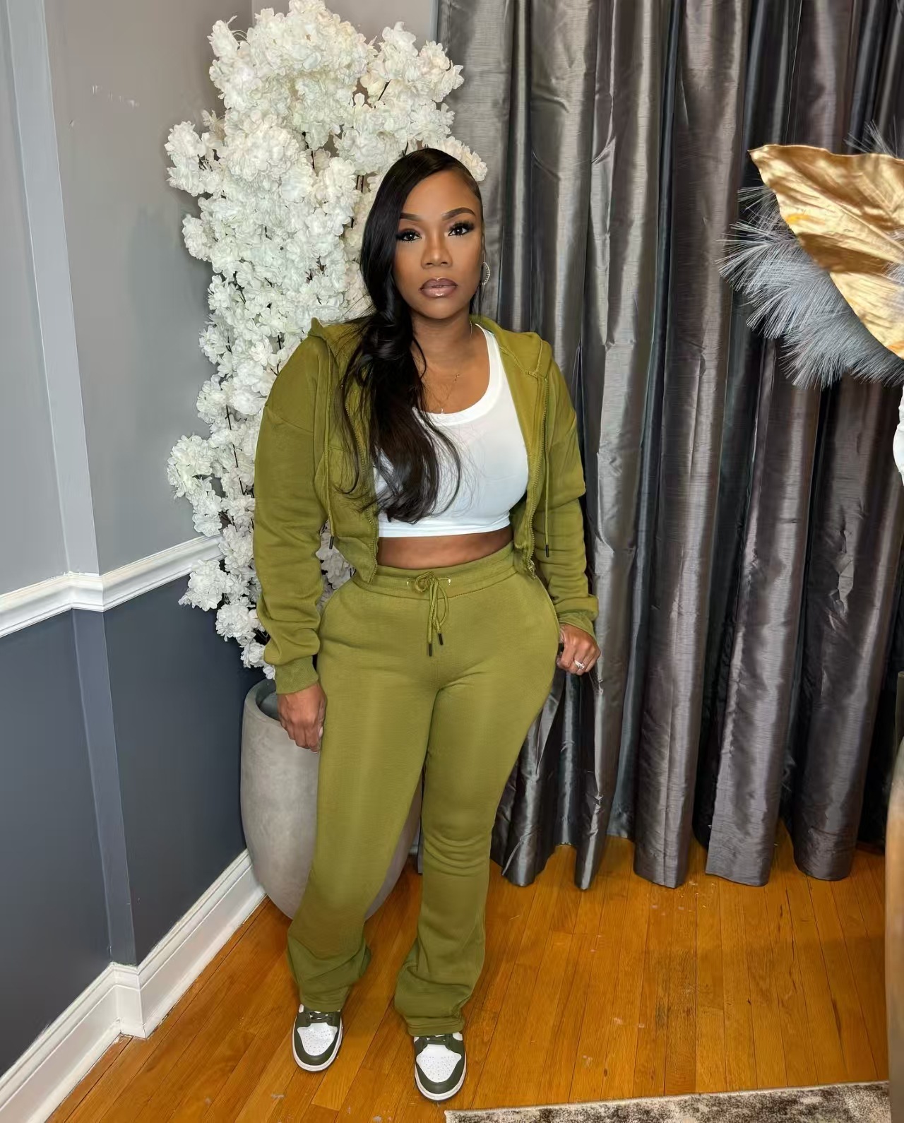 Women Fall/Winter Hooded Long-Sleeved Zipper Hoodies and Casual Pants Two-Piece Set