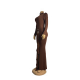 Women Long-Sleeved Metallic Ribbon Gathered Elegant Maxi Dress