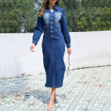 Women Denim Slit Long-Sleeve Dress
