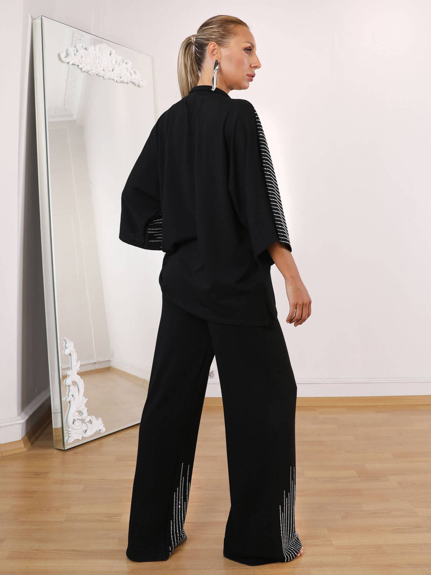 Women Fall Beaded Top and Casual Wide-Leg Pants Two-Piece Set