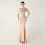 Women satin beaded appliquéd herringbone lace-up formal party dress