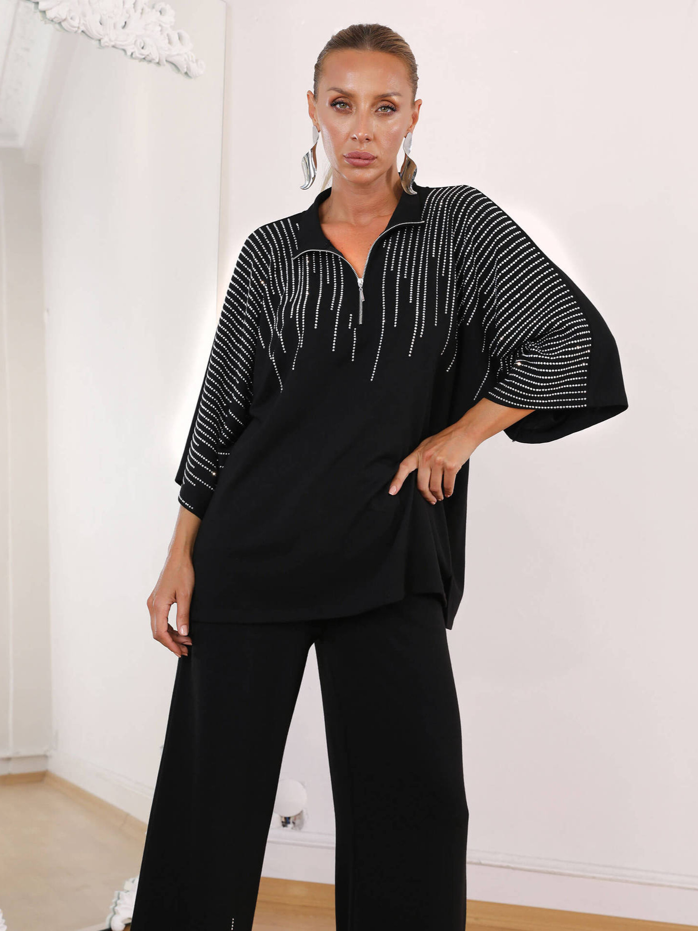 Women Fall Beaded Top and Casual Wide-Leg Pants Two-Piece Set