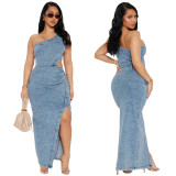 Women Stretchy Sexy Slash Shoulder Sleeveless Backless Denim Dress