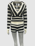 Women Fall Hooded Long-Sleeved Striped Contrast Top and Shorts Two-Piece Set