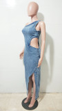 Women Stretchy Sexy Slash Shoulder Sleeveless Backless Denim Dress