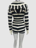 Women Fall Hooded Long-Sleeved Striped Contrast Top and Shorts Two-Piece Set