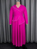 Plus-size Women turndown collar, rose beaded pleated ruffle dress