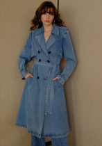 Women Elegant Belted Denim Trench Coat