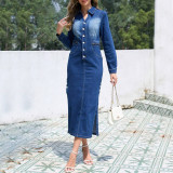 Women Denim Slit Long-Sleeve Dress