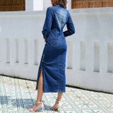 Women Denim Slit Long-Sleeve Dress